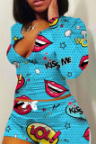 Blue Fashion adult Ma'am Sweet O Neck Print Two Piece Suits Pattern Plus Size