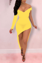Yellow Sexy Off The Shoulder Long Sleeves V Neck Asymmetrical Mini Patchwork Solid asymmetrical Dresses