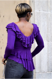 purple Polyester V Neck Long Sleeve ruffle Solid  Long Sleeve Tops