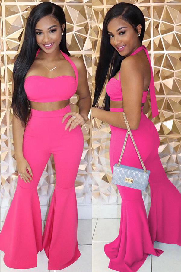 rose red Sexy Fashion adult Bandage backless Solid Two Piece Suits Boot Cut Sleeveless Two-piece P