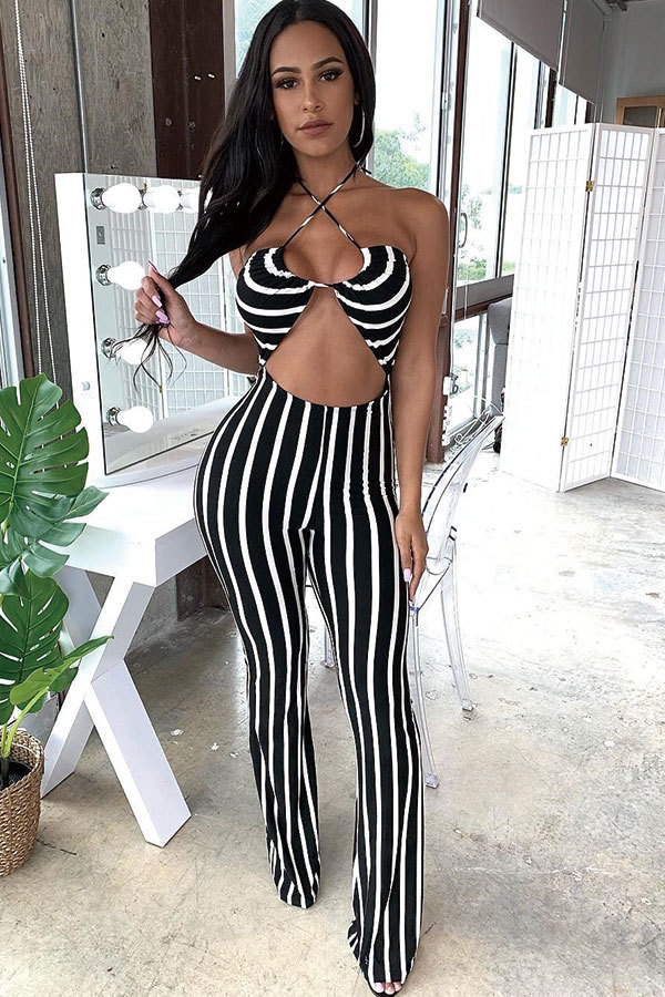 Black Fashion Sexy Striped Print Patchwork Sleeveless Slip Jumpsuits