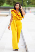 Yellow Polyester Drawstring Sleeveless High Solid ruffle Straight Pants  Jumpsuits & Rompers