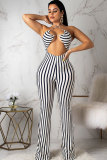 White Fashion Sexy Striped Print Patchwork Sleeveless Slip Jumpsuits