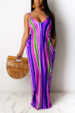 purple Sexy Spaghetti Strap Sleeveless V Neck Swagger Ankle-Length Striped Patchwork Solid Old Dresses