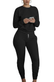 Black Polyester Sexy Europe and America Patchwork Solid Straight Long Sleeve Two Pieces