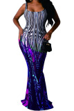 purple Polyester Fashion Sexy adult Ma'am Spaghetti Strap Sleeveless Slip Step Skirt Floor-Length Print Dresses