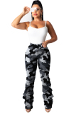 Grey Polyester Zipper Fly Mid camouflage Draped Straight Pants 