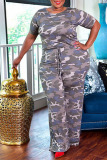 Dark Gray Sexy Camouflage Polyester Short Sleeve O Neck Jumpsuits