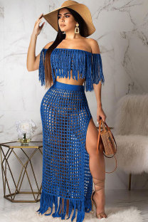 Blue Polyester Sexy Fashion tassel HOLLOWED OUT Solid perspective Patchwork A-line skirt Short Sleeve  Tw
