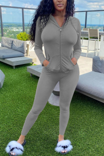 Grey Fashion Sexy adult Ma'am Patchwork Solid Two Piece Suits pencil Long Sleeve Two Pieces