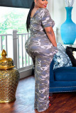 Light Gray Sexy Camouflage Polyester Short Sleeve O Neck Jumpsuits