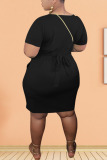 Black Polyester Fashion Sexy adult Ma'am O Neck Solid Plus Size 
