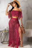Wine Red Sexy Fashion tassel HOLLOWED OUT Solid perspective Patchwork A-line skirt Short Sleeve Tw