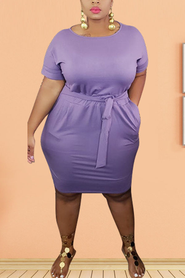 purple Polyester Fashion Sexy adult Ma'am O Neck Solid Plus Size 