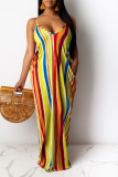 Yellow Sexy Spaghetti Strap Sleeveless V Neck Swagger Ankle-Length Striped Patchwork Solid Old Dresses