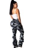 Grey Polyester Zipper Fly Mid camouflage Draped Straight Pants 