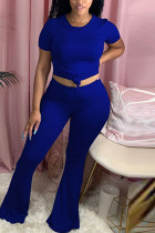 Royal blue Polyester Fashion Casual adult Ma'am Solid Two Piece Suits Loose Short Sleeve Two Pieces