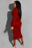 Red Polyester OL adult Fashion Cap Sleeve Long Sleeves O neck Step Skirt Mid-Calf bandage Solid 