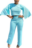 Blue Polyester Fashion adult Ma'am OL Solid Two Piece Suits Straight Three Quarter Two Pieces