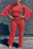 Red Polyester Fashion adult Ma'am OL Solid Two Piece Suits Straight Three Quarter Two Pieces