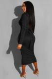 Black Polyester OL adult Fashion Cap Sleeve Long Sleeves O neck Step Skirt Mid-Calf bandage Solid 