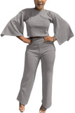Grey Polyester Fashion adult Ma'am OL Solid Two Piece Suits Straight Three Quarter Two Pieces
