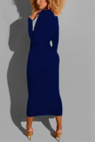 Dark Blue Polyester OL adult Fashion Cap Sleeve Long Sleeves O neck Step Skirt Mid-Calf bandage Solid 