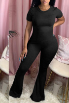 Black Sexy Patchwork Solid Short Sleeve O Neck Jumpsuits