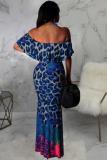 Leopard print Polyester Fashion Sexy Off The Shoulder Short Sleeves One word collar Mermaid Floor-Length Draped Pr