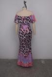 Leopard print Polyester Fashion Sexy Off The Shoulder Short Sleeves One word collar Mermaid Floor-Length Draped Pr