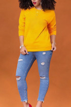 Yellow Polyester O Neck Long Sleeve Solid Tops