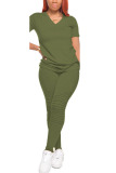 Green venetian Fashion Casual adult Ma'am Solid Two Piece Suits pencil Short Sleeve Two Pieces