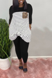 Black Casual Patchwork Print Solid Straight Long Sleeve Two Pieces