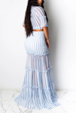 Light Blue Casual 3/4 Length Sleeves V Neck Slim Dress Floor-Length Striped Print Patchwork Dresses