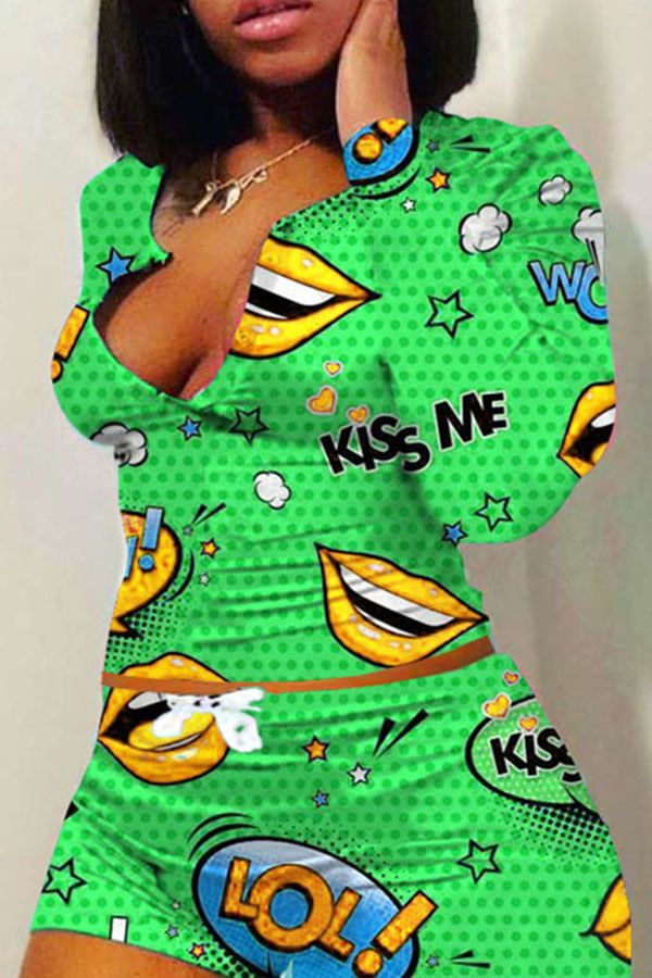 Green Fashion adult Ma'am Sweet O Neck Print Two Piece Suits Pattern Plus Size