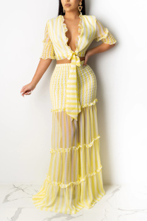Yellow Casual 3/4 Length Sleeves V Neck Slim Dress Floor-Length Striped Print Patchwork Dresses