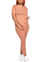 Pink Polyester Fashion adult Ma'am OL Solid Two Piece Suits Straight Short Sleeve Two Pieces
