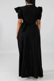 Black Street Niujiao sleeve Short Sleeves V Neck Asymmetrical Ankle-Length Patchwork Solid Dresses