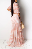 Light Pink Casual 3/4 Length Sleeves V Neck Slim Dress Floor-Length Striped Print Patchwork Dresses