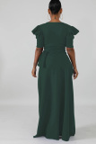 Black Green Street Niujiao sleeve Short Sleeves V Neck Asymmetrical Ankle-Length Patchwork Solid Dresses