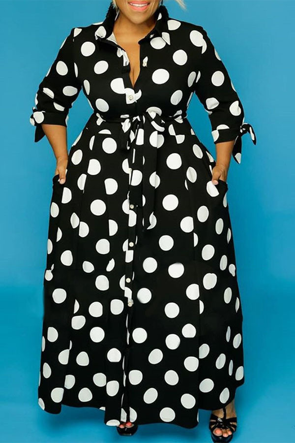 Black OL Turndown Collar A-Line Floor-Length Print Polka Dot Dresses