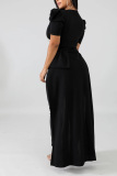 Black Street Niujiao sleeve Short Sleeves V Neck Asymmetrical Ankle-Length Patchwork Solid Dresses