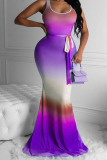 Blue Sexy Tank Sleeveless Swagger Floor-Length Print Ombre Dresses