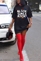 Black Polyester Fashion Casual adult Ma'am O Neck Print Plus Size 
