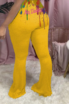 Yellow Cotton Blends Elastic Fly Mid Print Boot Cut Pants Bottoms