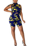 Dark Blue Polyester Fashion adult Ma'am Street Camouflage Two Piece Suits pencil Sleeveless Two Pieces