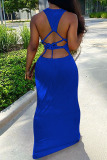 Blue Milk. Fashion Sexy adult Ma'am Tank Sleeveless Square Step Skirt Floor-Length Solid backless Dresses