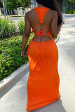 Orange Milk. Fashion Sexy adult Ma'am Tank Sleeveless Square Step Skirt Floor-Length Solid backless Dresses