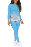 Blue Fashion Casual adult Ma'am Solid Gradient Two Piece Suits pencil Long Sleeve Two Pieces