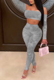 Grey Cotton Blends Sexy Print backless Draped HOLLOWED OUT pencil Long Sleeve Two Pieces